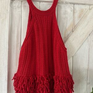 H&M Red Ribbed Sleeveless Knit Top with Fringe Hem